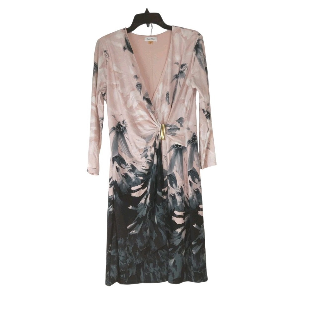 Calvin Klein Faux Wrap Floral Print Blush Pink Grey Long Sleeve Dress Women's 10